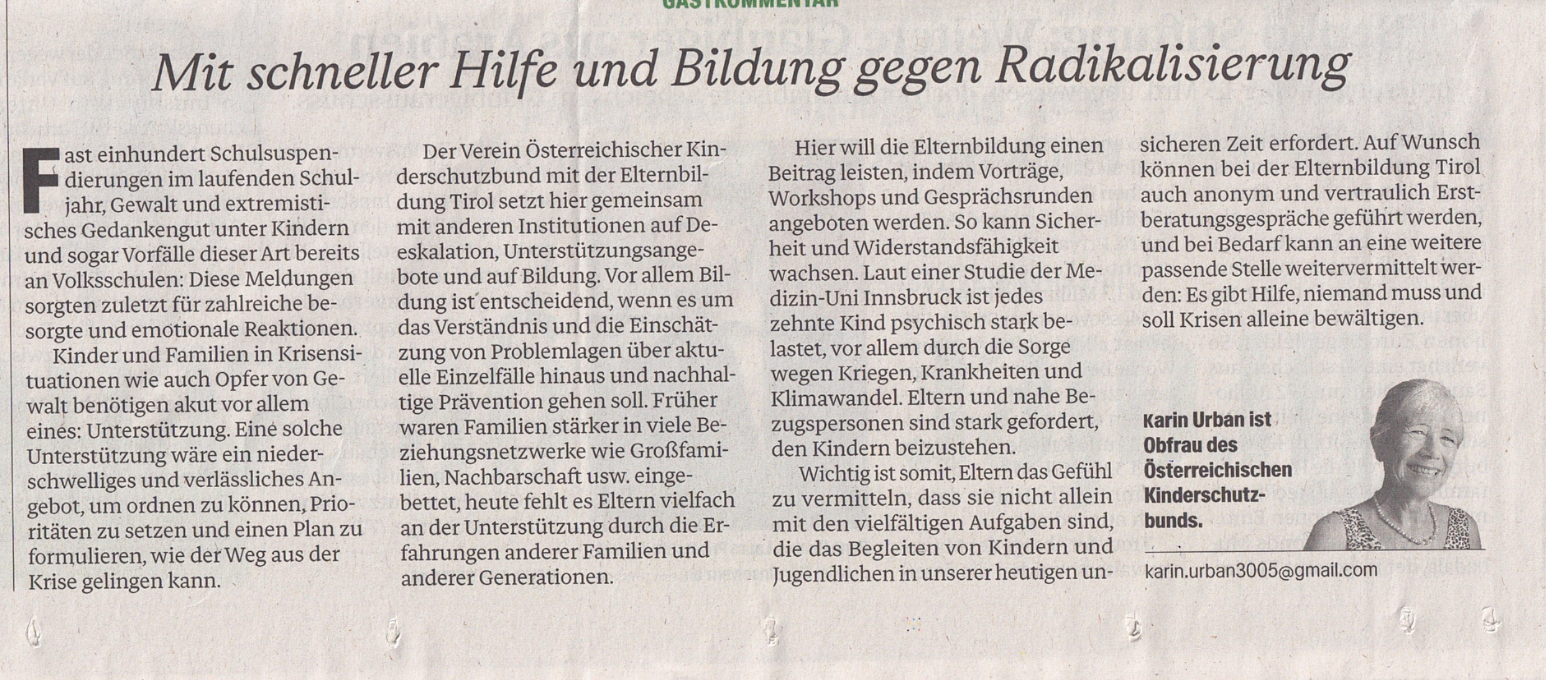 Artikel und Pressemitteilungen der Elternbildung Tirol sowie der Vorstandsmitglieder des ÖKSBs finden Sie unter den Attachments